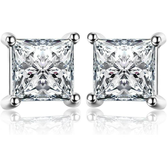 RYNSITO Princess Cut Cubic Zirconia Earrings, 14K White/Gold Plated CZ Stud Earrings Simulated Diamond, D Color VVS1 Clarity, 0.3ct-5ct