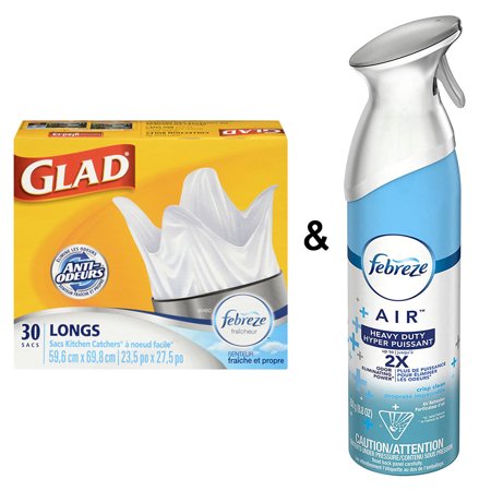 Glad Kitchen Catchers White Garbage Bags with Freshness  Easy-Tie Flaps  Tall  30 Bags by Febreze & AIR Freshener Heavy Duty Crisp Clean (1 Count  250 g) by Febreze