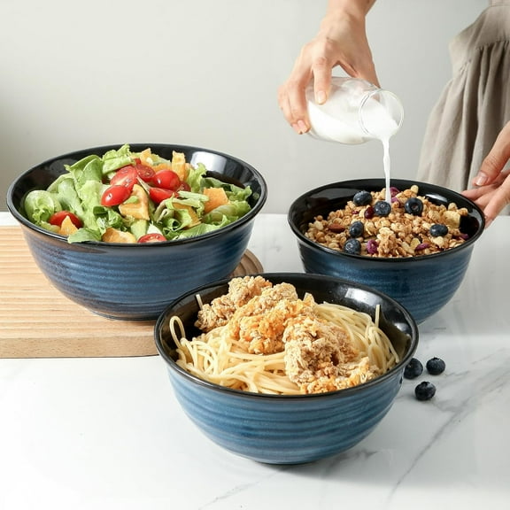 Ceramic Mixing Bowls Set, 3 Sizes for Cooking, Baking, Serving, Dishwasher & Microwave Safe, Blue Striped Design