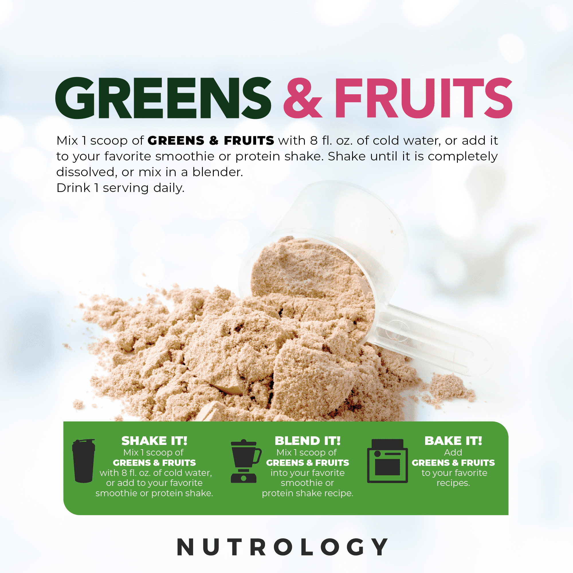 Nutrology's Greens & Fruits-Naturally Sourced Fruits, Vegetables, Greens, Beet Powder & Mushroom Blend-Probiotics, Digestive Enzymes, Fiber, Immune Support - Vanilla Cinnamon-30 Servings