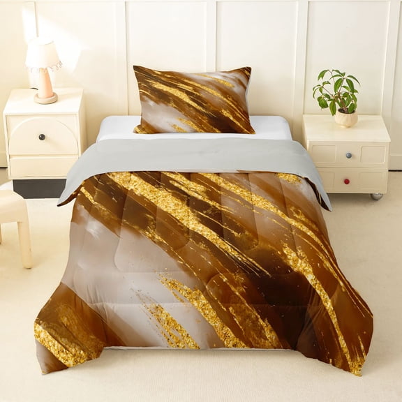 Homewish Gradient Watercolor Art Twin Comforter Sets,Contemporary Aesthetic Bedding Set,Brown Gold,Light Gray Reversible,2pcs,1 Comforter and 1 Pillowcase