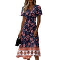 thumbnail image 2 of Minjewel Ladies Floral Casual Fashionable Short Sleeve V-Neck Dress for Spring Summer Women's Daily Casual Wear,Pink,XL, 2 of 6