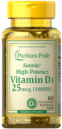 Puritan's Pride Vitamin D3 1000 IU, Softgels, 100 Ct