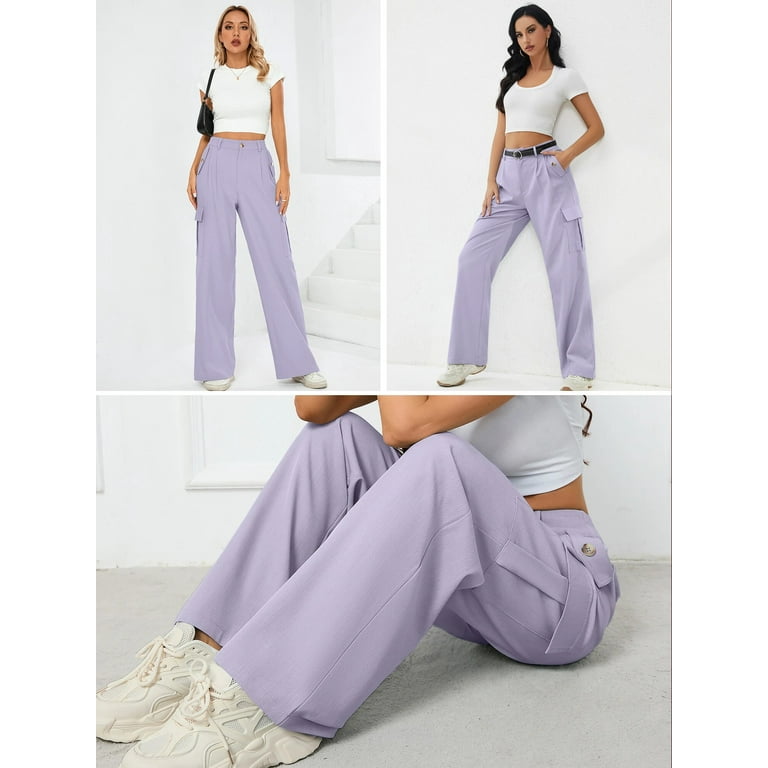 Chiclily Women Wide Leg Lounge Pants Purple M Work Business Casual Loose  High Waisted Dress Palazzo Flowy Trousers with Pockets