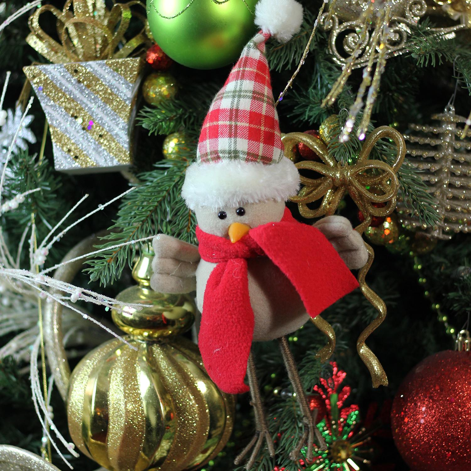 10" Cream Standing Bird with Scarf and Plaid Hat Christmas Tabletop Decoration