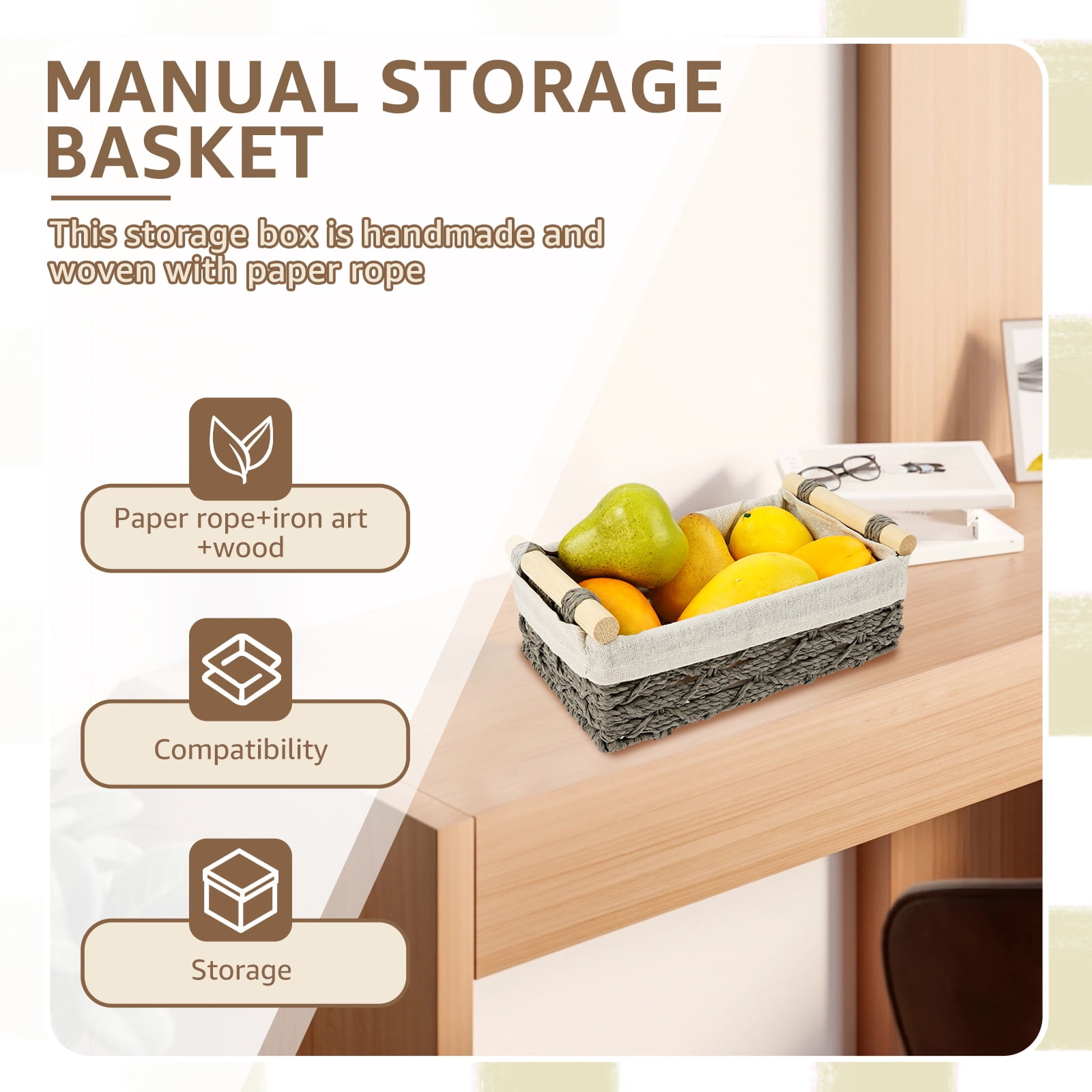 Dznils Wicker Toilet Paper Storage Basket with Handle, Bathroom Towel Organizer, Gray, Set of 2