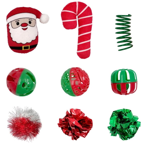 LANHUE Christmas Cat Toys for Indoor Cats 9 PCS Cat Interactive Toys Pack Including Cat Balls Toys,Cat Spring Toys,Catnip Toys,Mice Toys and Kitten Toys