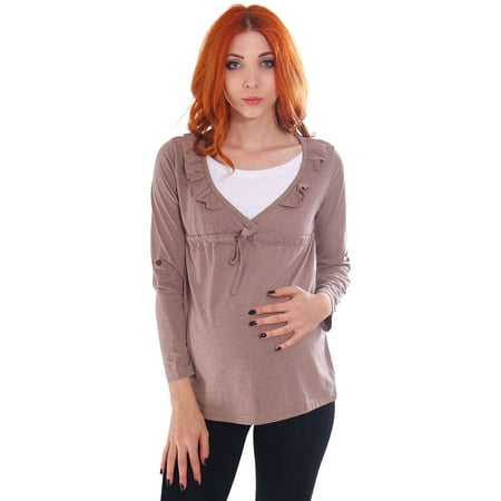 Gathered Silk Tunic - Simplicity Women's Gathered Long Sleeve Maternity Nursing Tunic Blouse, Coffee