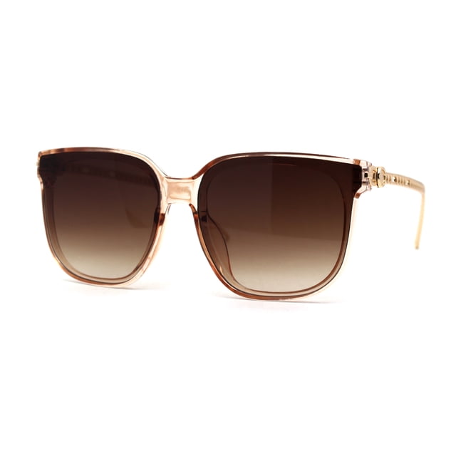 Womens Inset Horn Rimed Chain Arm Chic Rectangular Sunglasses Peach Brown