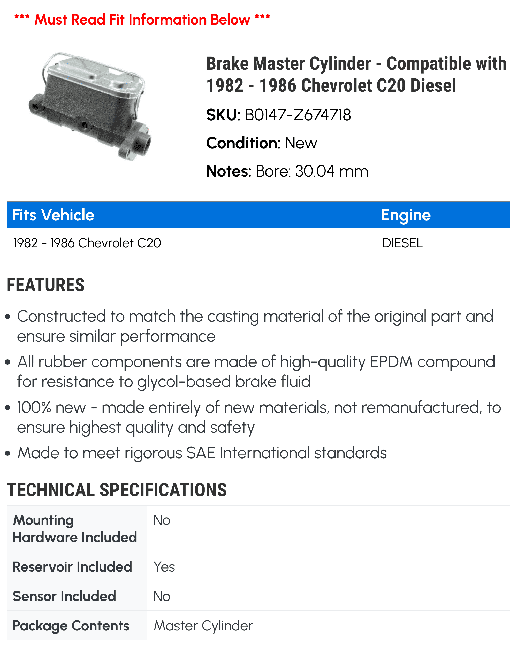 Brake Master Cylinder - Compatible with 1982 - 1986 Chevrolet C20 Diesel - Dorman