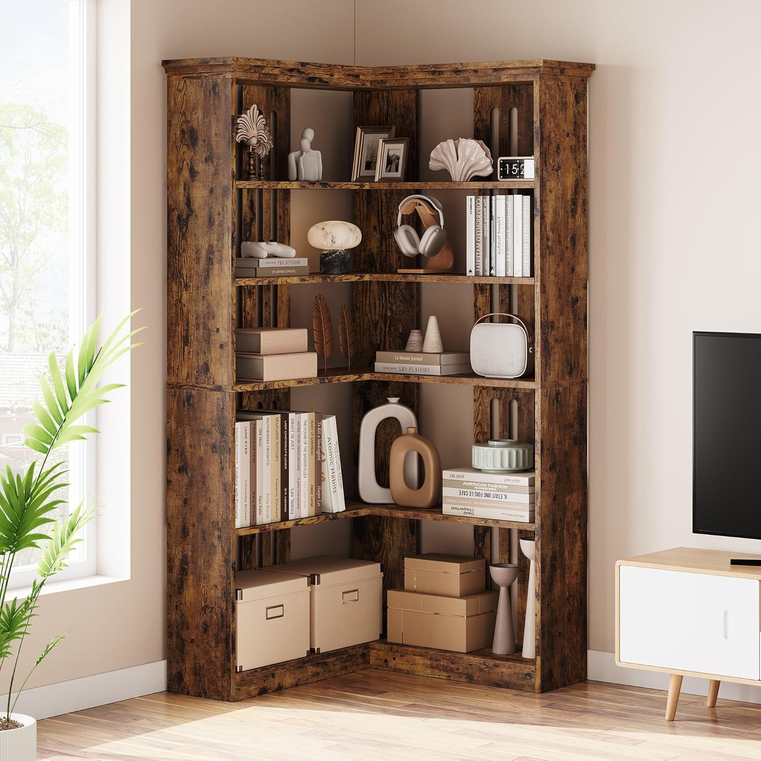 NEILA Farmhouse Corner Bookshelf – 72.8” Tall L-Shaped Bookcase with 5 Tiers, Wood Display Rack for Office and Bedroom, Half Panel Design in Brown