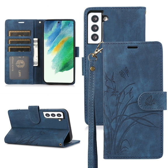 Feishell for Samsung Galaxy S22 Wallet Case with Wrist Strap, [Butterflies & Orchid Embossed] Premium PU Leather Magnetic Clasp Cover with Card Slots Kickstand Flip Phone Case for Women Men,Blue