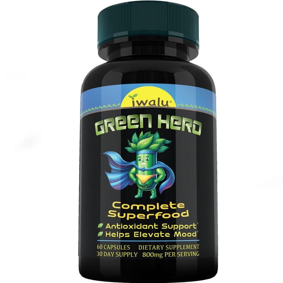 Green Hero Superfood Supplement Capsules - Plant-Based Super Food | Fitness Nutrition for Energy, Balance & Focus - Daily Wellness Support | 60 Vegan Capsules | NSF Certified & USA Made by iwalu