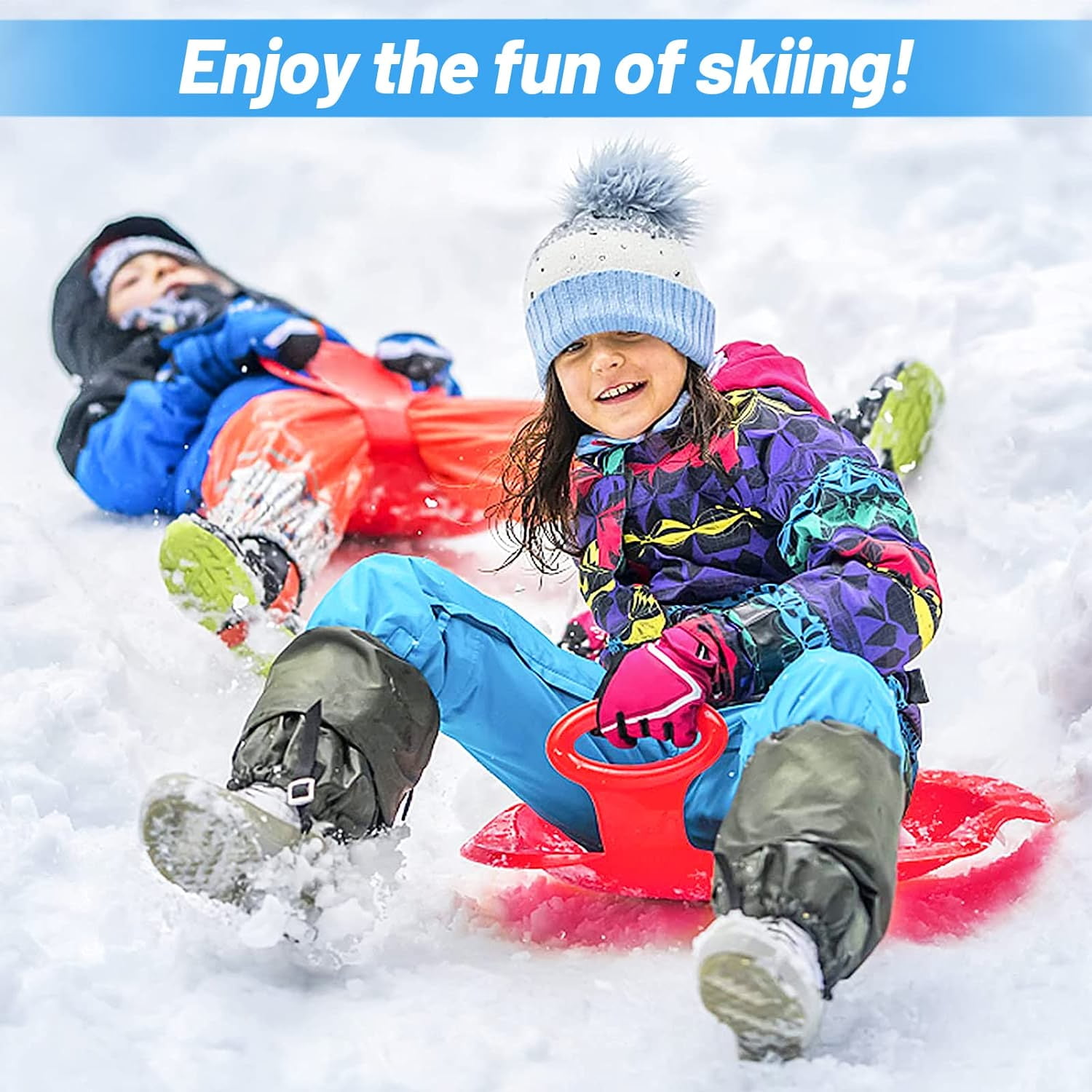 TABGIME 2 Packs Portable Plastic Snow Sleds Skiing Boards Snow Toys for Kids Boys Girls, Blue Red 2 Color