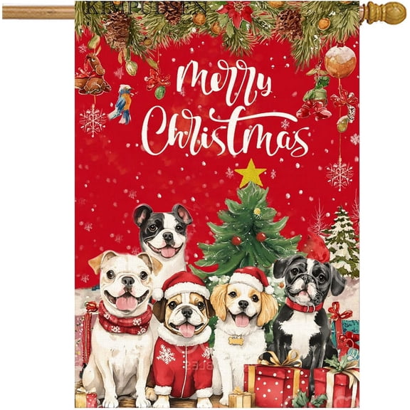 Christmas Dogs House Flag 28x40 Inch Double Sided Large Burlap Winter Yard Flag for Holiday Outside Outdoor Decoration