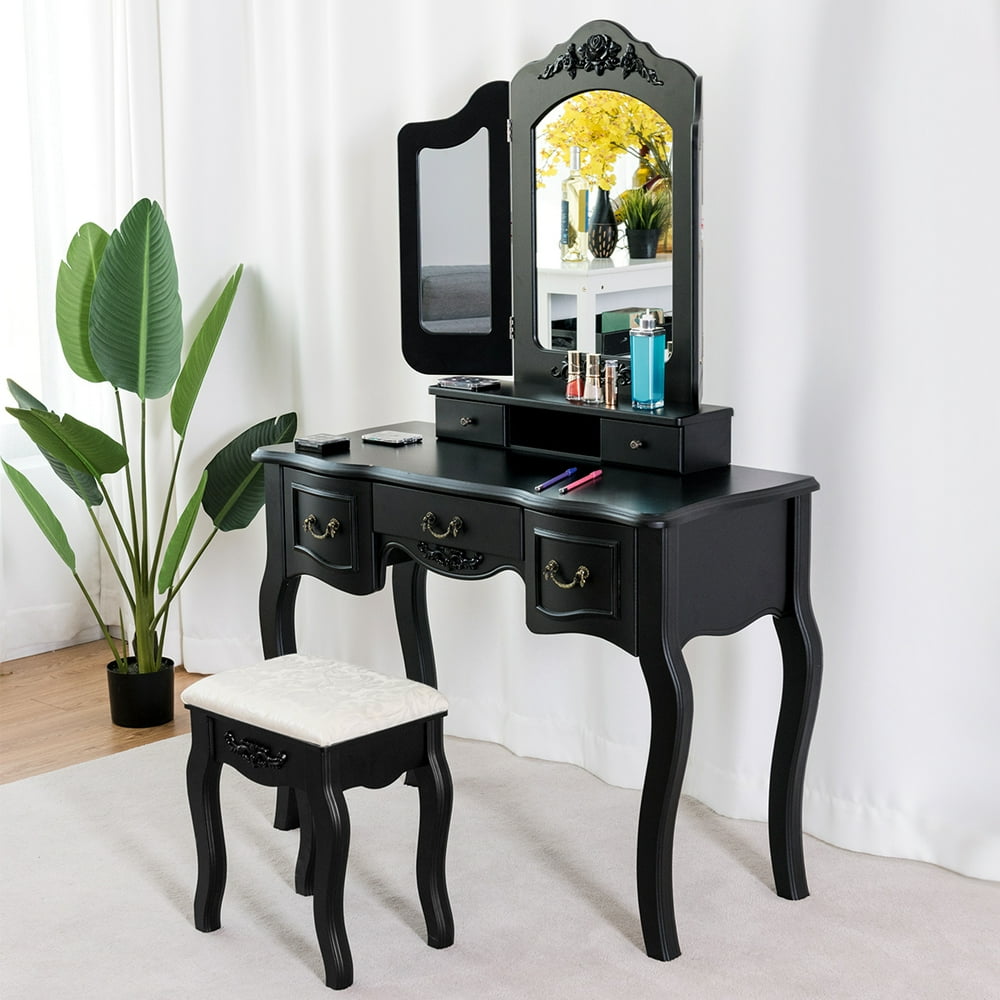 Topbuy 5 Drawers Oldfashioned Vanity Mirror Makeup Dressing Table Set