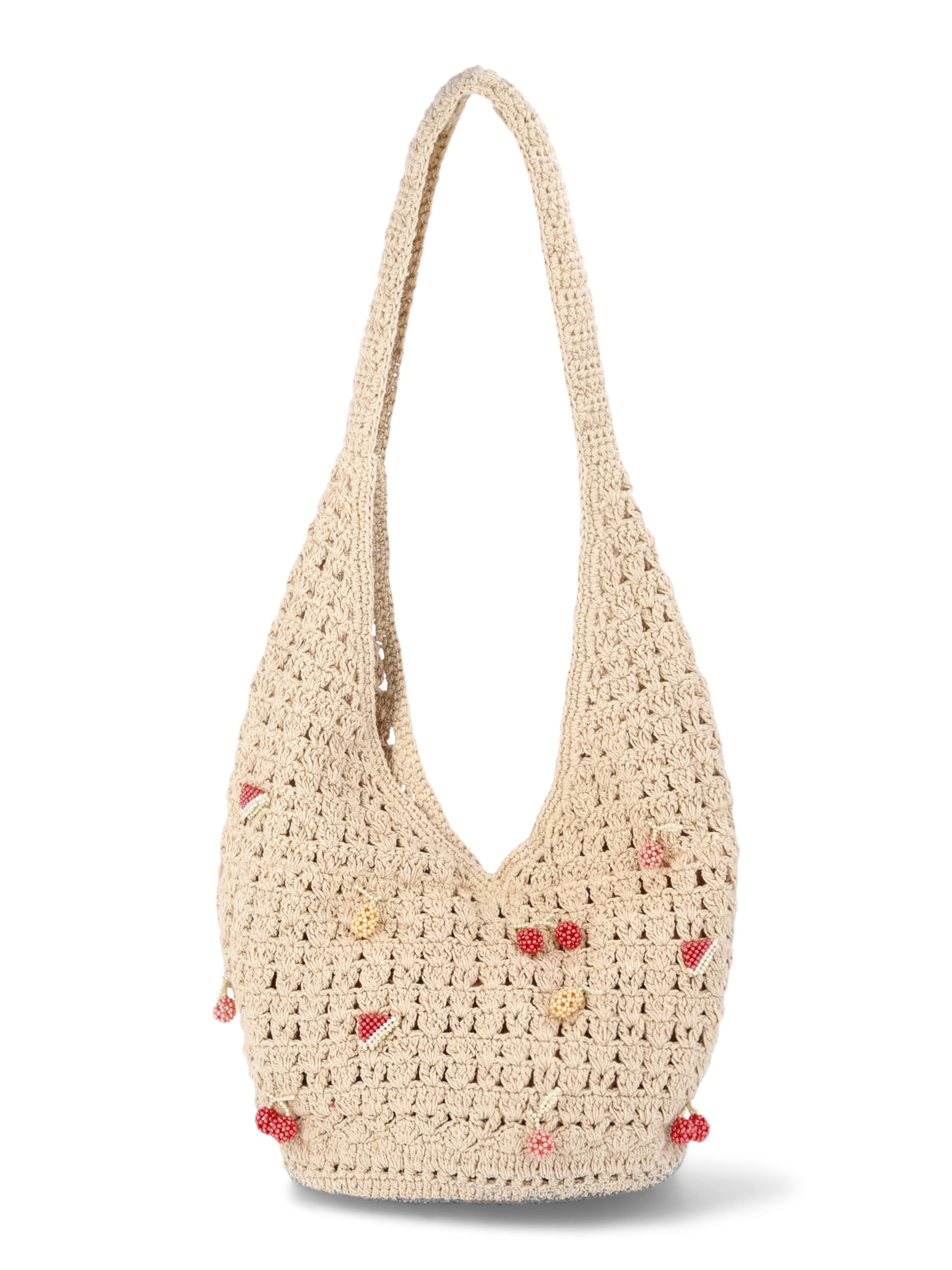 No Boundaries Festival Crochet Hobo Bag, Natural Beaded Fruit, Women's