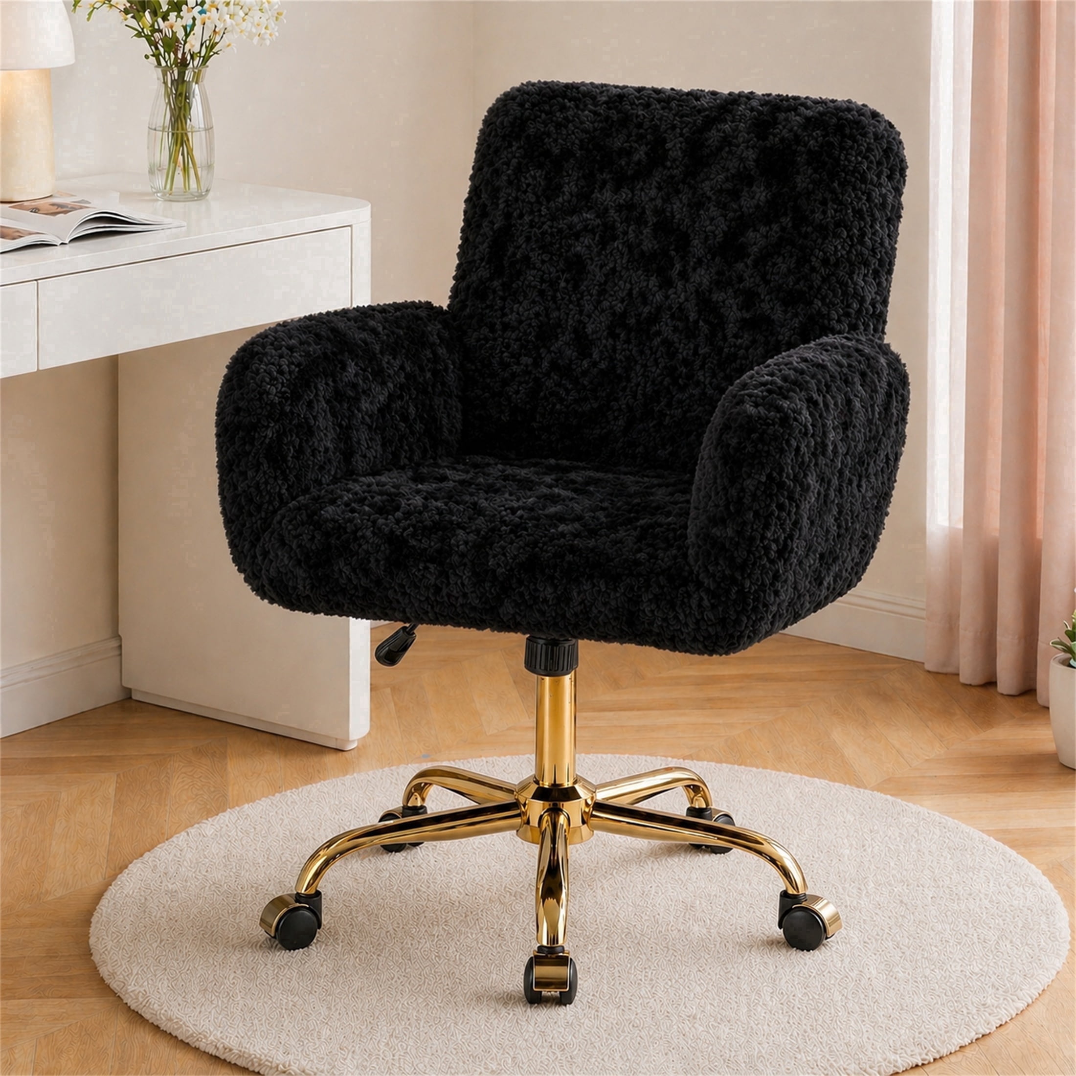 SESSLIFE Vanity Chair, Height Adjustable Velvet Makeup Chair, Comfy Home Desk Chiar with Gold Legs, 360° Swivel Office Chair for Bedroom, Black