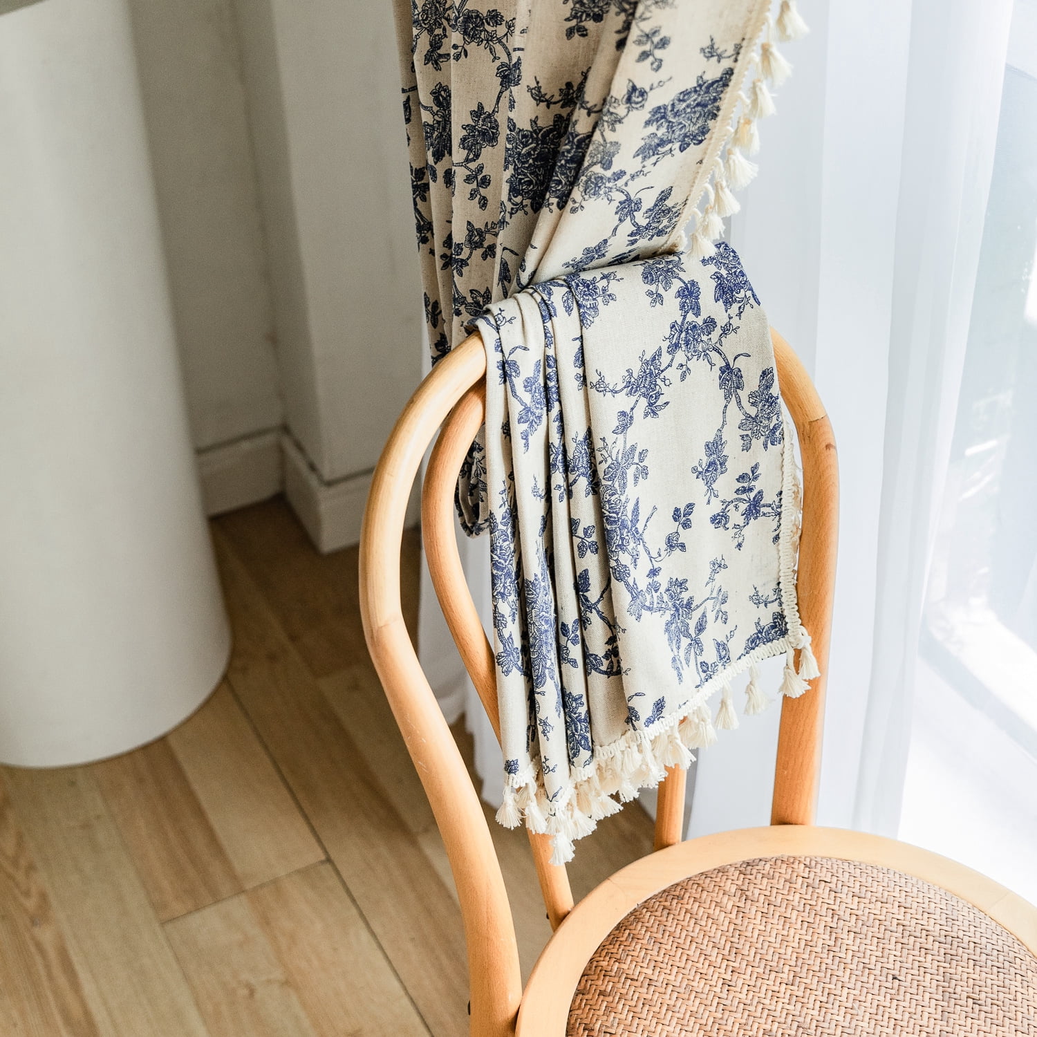 UU&T Vintage Floral Curtains for Living Room, Semi-Blackout Farmhouse Linen Curtains with Tassels Set of 2 Panels, 52" x 84"