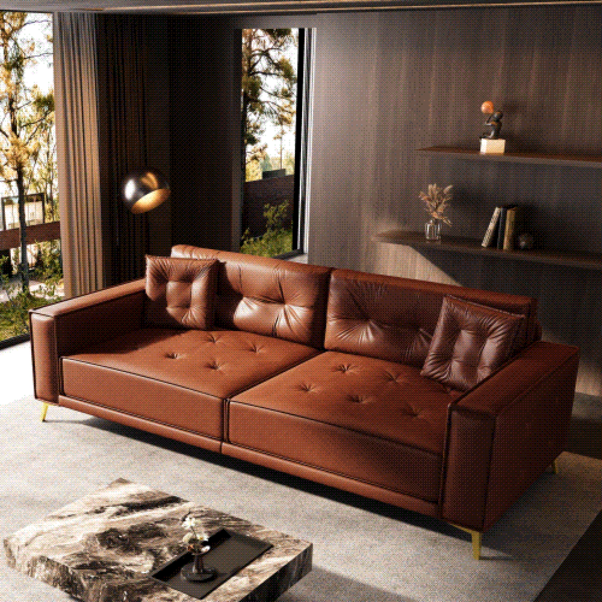 92.1" King Size Faux Leather Sleeper Sofa Bed - 3-in-1 Convertible Pull Out Couch, 4-Seater with Ultra Wide Armrests & Tufted Design, 2 Pillows Included for Living Room, Apartment, Office,Light Brown