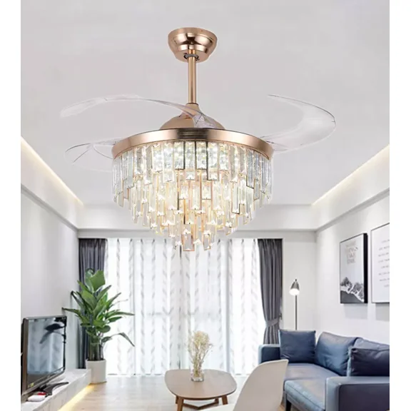 More Change Gold 42" Luxury Retractable Crystal Ceiling Fan Light Remote Control LED Chandelier