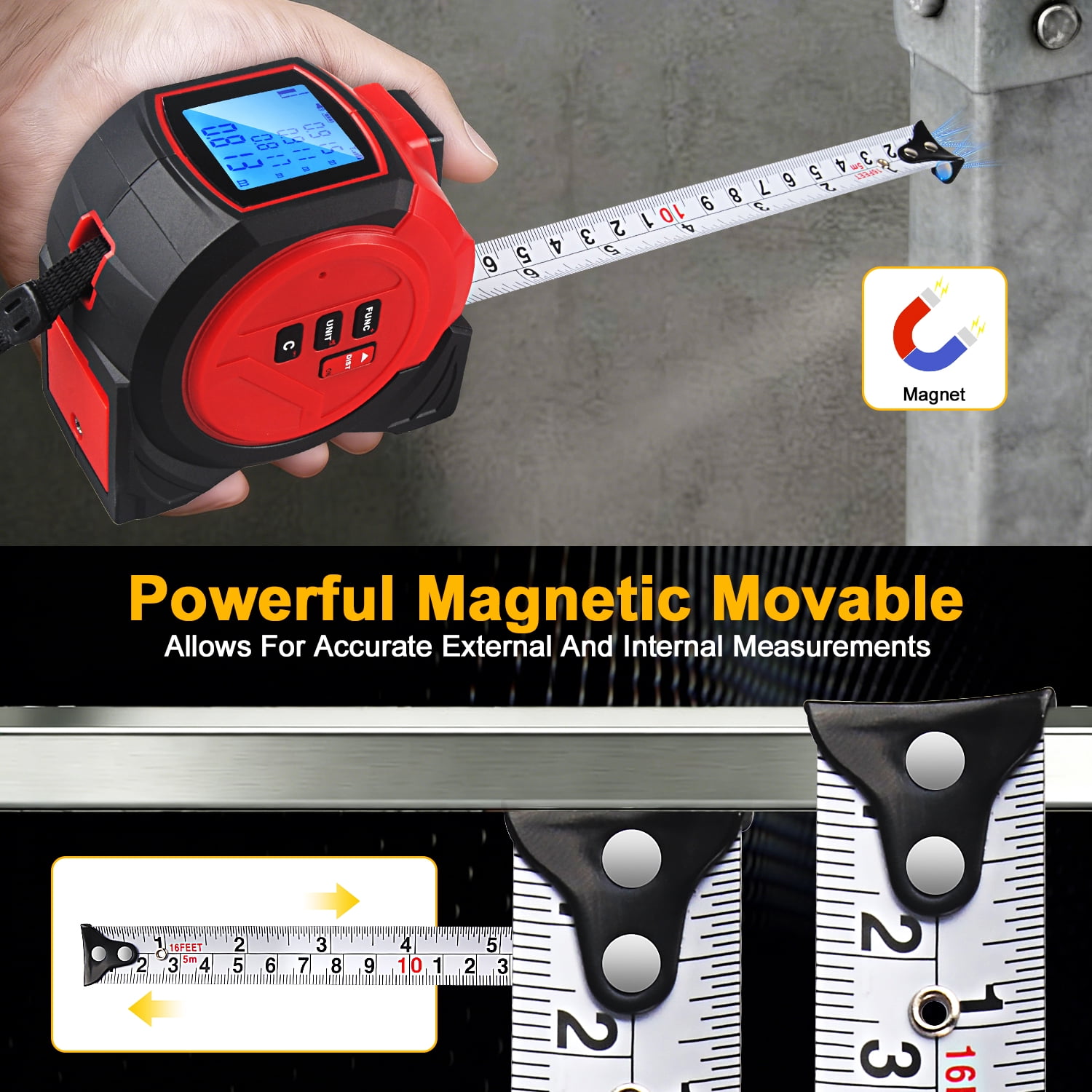 ABCPOW 3-in-1 Digital Laser Tape Measure,197ft Laser Distance Meter with LCD Display,16ft AutoLock Digital Tape Measure with Cross Line,Digital Level, Pythagorean/Area/Volume,Ft/Ft+in/in/M Units,Red