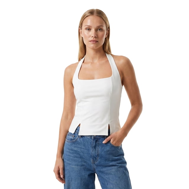 Camisetas sin mangas con cuello halter para mujer, color liso, bajo con abertura, chalecos casuales, moda de verano, camisetas sin mangas, estilo streetwear