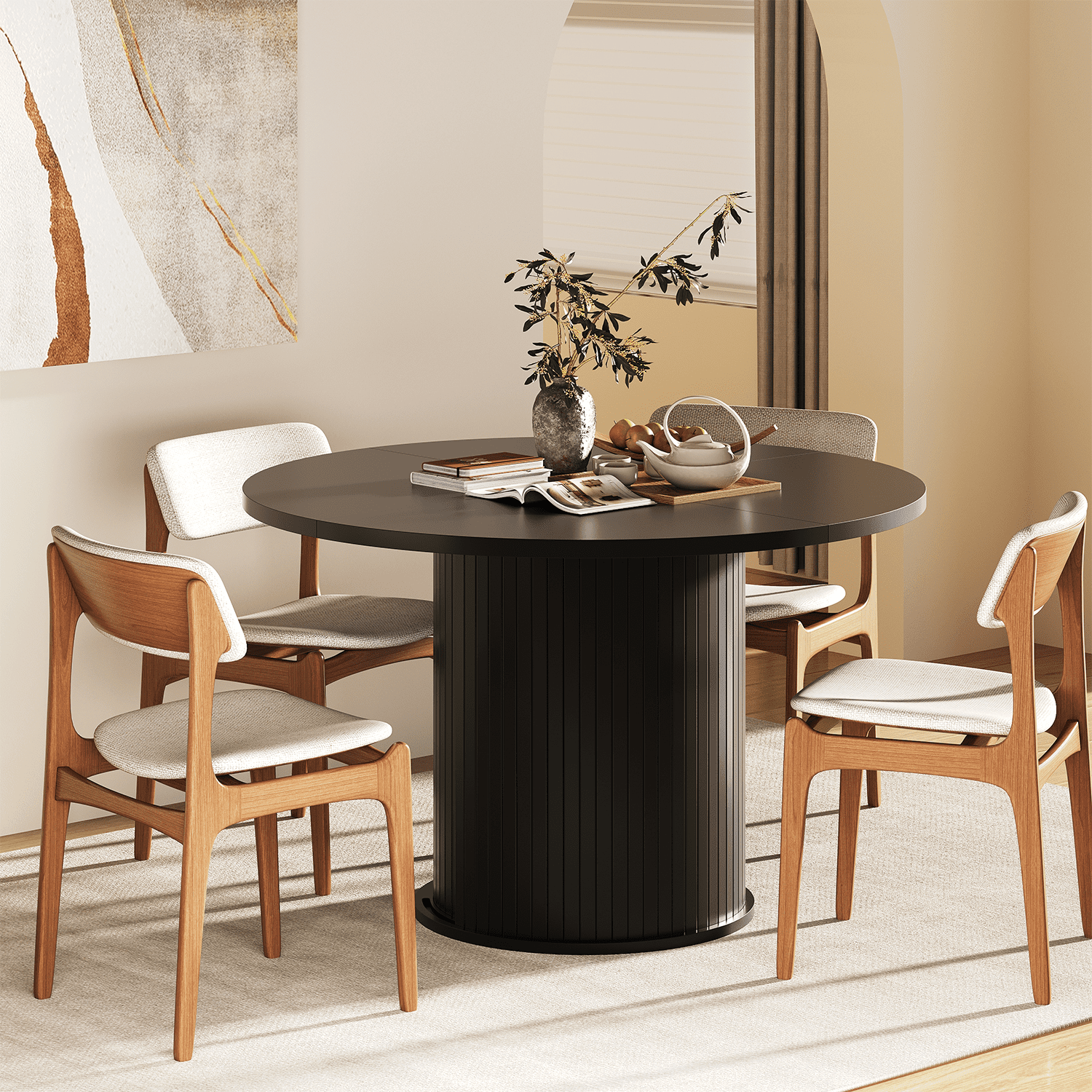 Sonegra 47“ Round Dining Table with Storage, Modern Fluted Circle Kitchen Table with 2-Layer Storage and Sliding Door, for Kitchen Living Room, Black