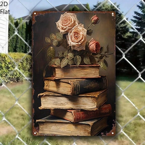HELLOYOUNG Vintage Metal Wall Decor Sign, Book and Rose Design, 8x12 Inch, for Bedroom Living Room Indoor/Outdoor Home Decoration, Easy-to-Install