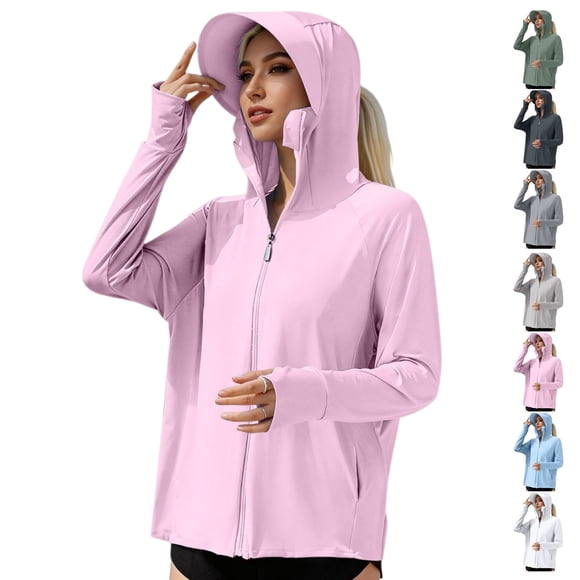 YOUYEDIAN Sun Protection Clothing Women Summer Hiking Lightweight Jacket Outdoor UPF 50 UV Protection Zip Up Hoodie Long Sleeve Hooded Shirt (Pink, One Size)