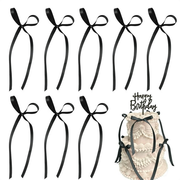 20 Pcs Coquette Ribbons Bowknot Cake Topper Black Satin Bow Cupcake Toppers Twist Tie Cake Decorations for Birthday Wedding Anniversary Party Supplies By Scheam