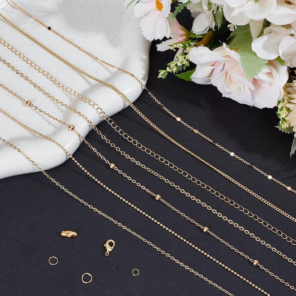 7 Styles 18K Gold Necklace Chains for Jewelry Making DIY Bracelet Chain Making Kits with 4/5/6mm Jump Rings Lobster Clasps Connectors for Necklace Making Accessories DIY Making