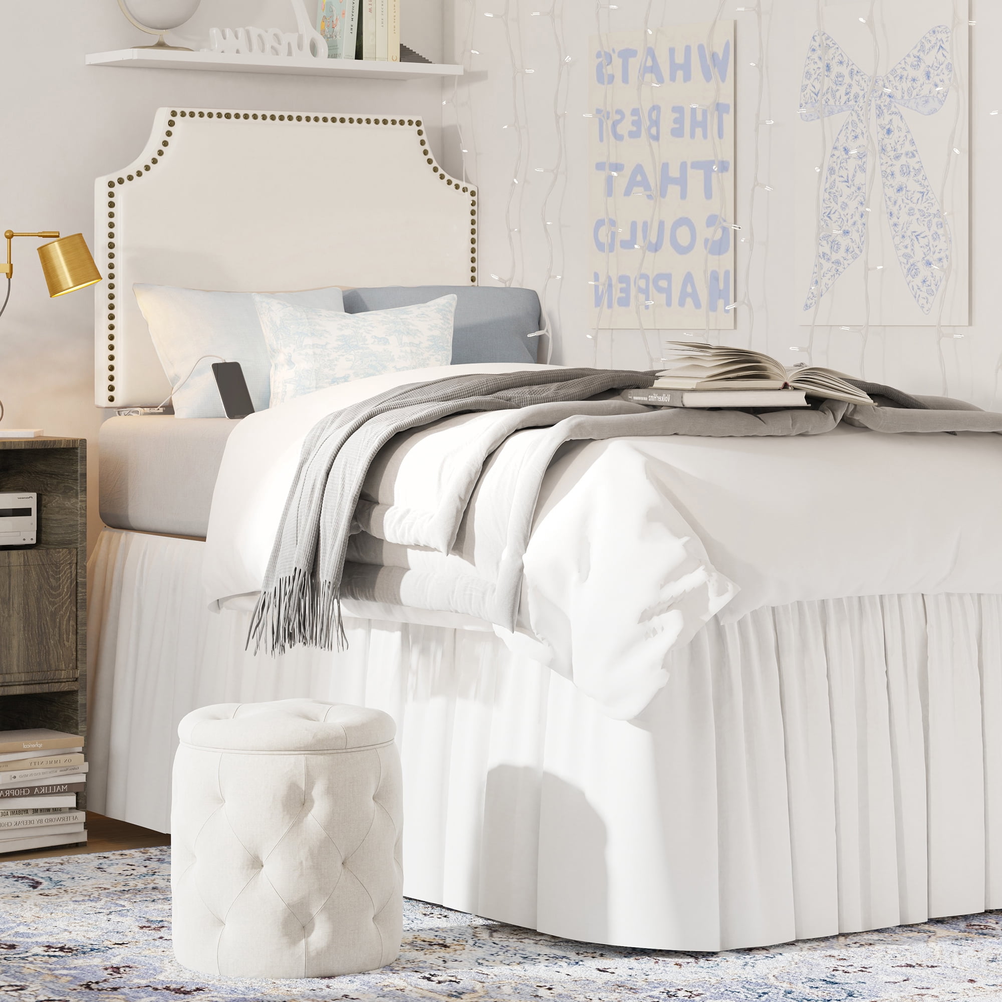 HH2 Home Hanging Twin Headboard with Nailhead and USB Charging, White Faux Leather
