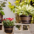 thumbnail image 1 of Rustic Barrel-Style Round Planter, Wood-Inspired Finish Resin Planter with Built-In Drainage System, for Outdoor Patio And Garden Spaces, 1 of 8