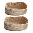 thumbnail image 1 of Cesta de almacenamiento de paja tejida rústica, 2 piezas, caja de maquillaje bohemio, estanterías de cocina, organizador de exhibición de escritorio, decoración multifuncional para el hogar Feliz Sencillez, 1 of 5