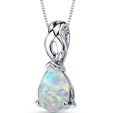 PEORA Created White Fire Opal Solitaire Teardrop Pendant Necklace for Women 925 Sterling Silver, 1.75 Carats Pear Shape 10x7mm with 18 inch Chain