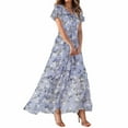 thumbnail image 2 of Huankd Spring Dresses for Women 2025 - Floral Chiffon Short Sleeve Flowy Trendy Maxi Dress Purple M, 2 of 5