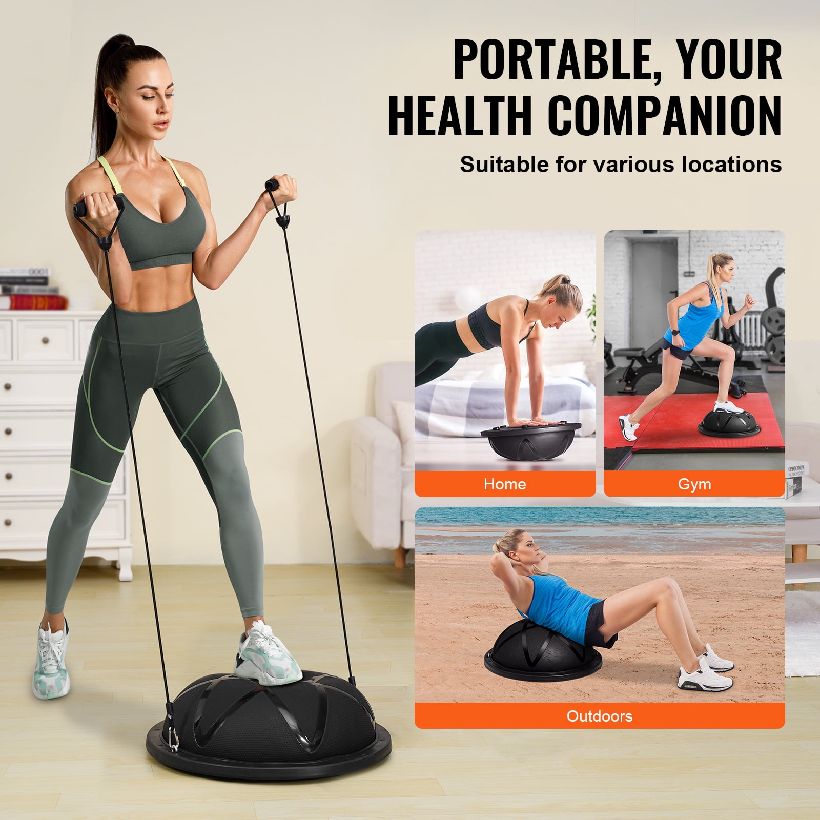 KFFKFF Semi Workout Sphere, 23-inch Equilibrium Sphere, 660 lbs Load-Bearing Fitness Orb, Yoga Sphere with Resistance Straps and Inflator, Robust Fitness Sphere for Domestic Gym