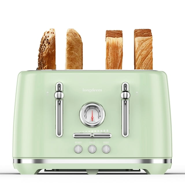 LONGDEEM 4 Slice Toaster, 6 Browning Options, Wide Slots, High Lift Lever, Dual Controls, Green