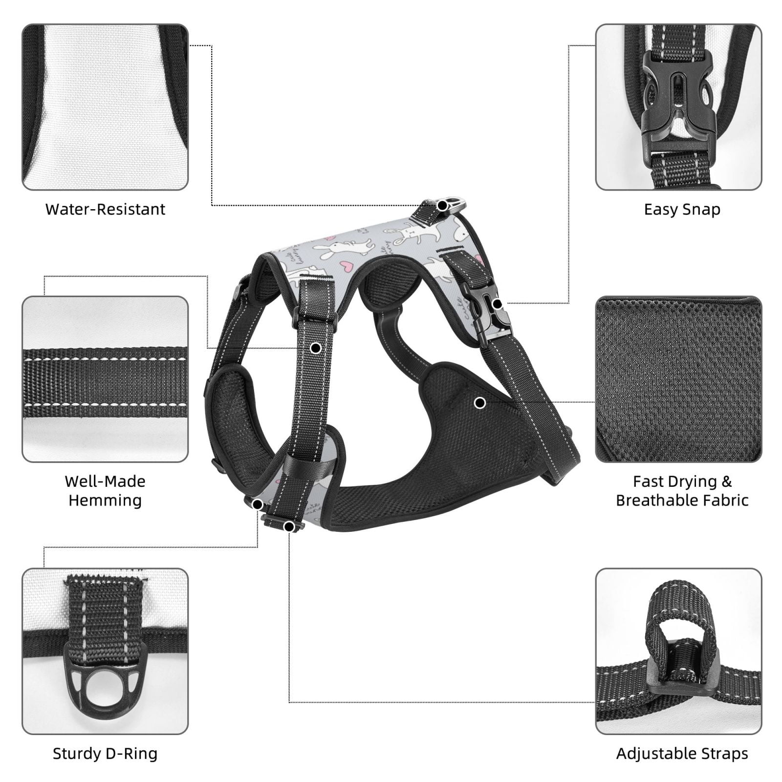 Vsdgher Fun Rabbit Pattern Dog Harness,No Pull Pet Harness with Soft Padded Handle,Adjustable Reflective Vest with 2 Buckles,4 Slide Buckles,S-XL Medium