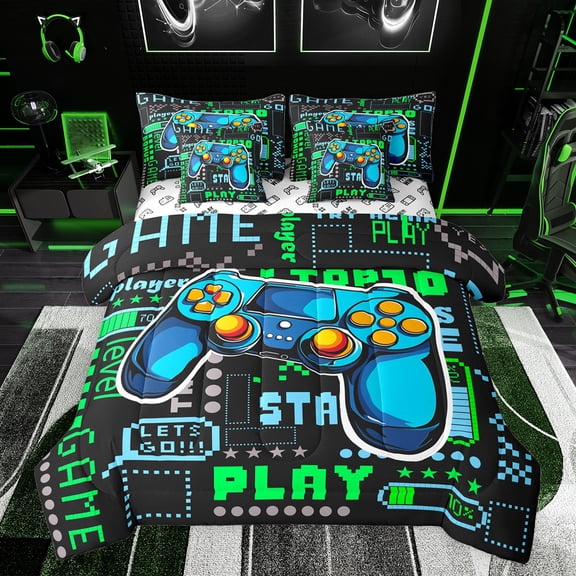 jejeloiu Pixel Miners Grid 7-Piece Twin Bedding Sets,Boys Gamepad Console Bedding Comforter Set,Teens Video Game Sheet Sets For Kids,Microfiber Bedroom Decor Reversible