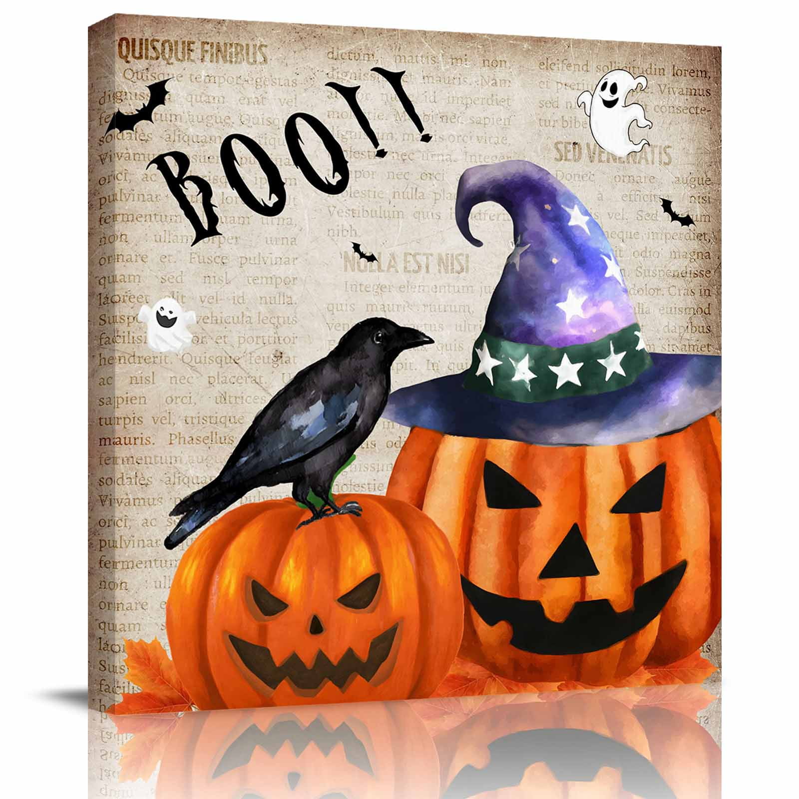 Canvas Print Wall Art Oil Paintings Halloween Pumpkin Ghost Magic Witch Hat Crow Picture Prints Artwork for Living Room Kitchen Bathroom Bedroom