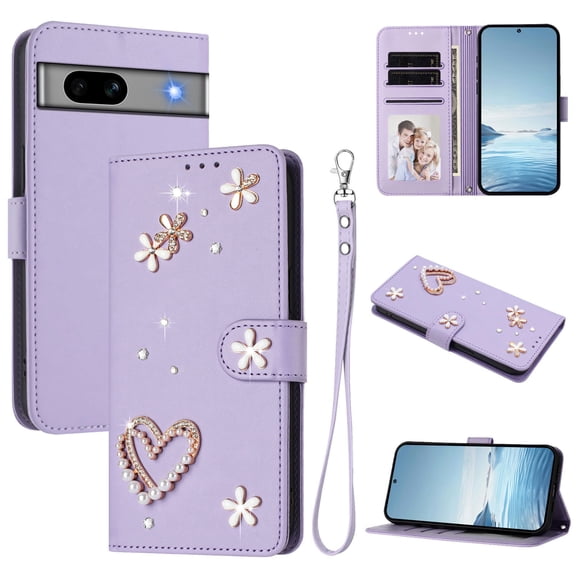 Decase for Google Pixel 7A Shockproof Phone Case,Rhinestone Heart Flower Pearl PU Leather Card Holder Wallet Cover,Folio Flip Magnetic Closure Card Slots Cover,Purple