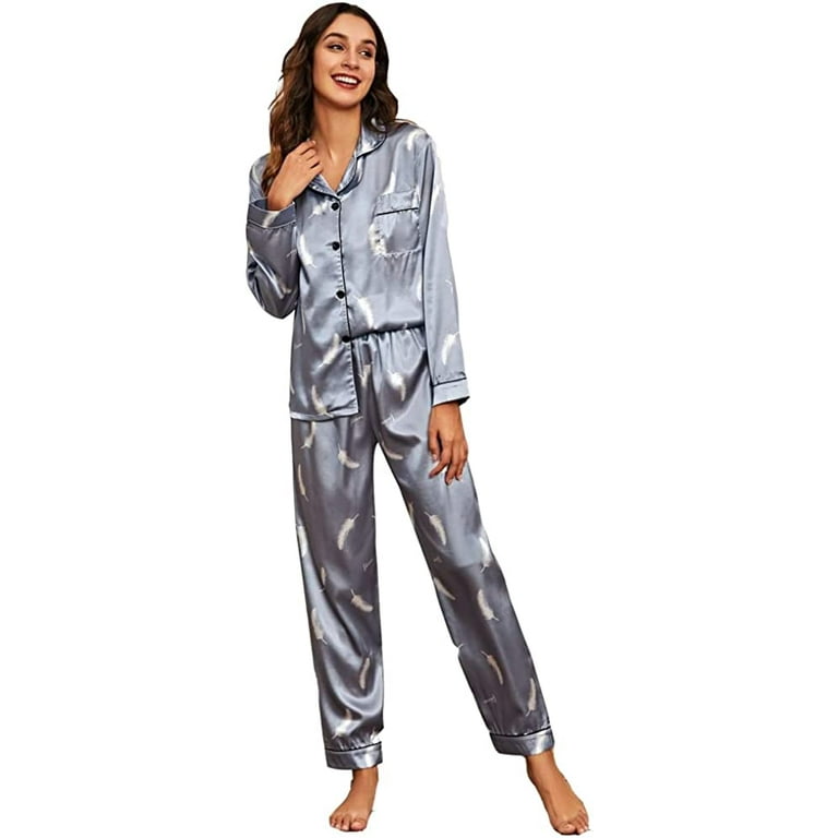 CoCopeaunts Womens Silk Satin Pajamas 2 Piece Outfit Long Sleeve Lapel Button Down Tops Wide Leg Loose Warm Loungewear Pajama Set