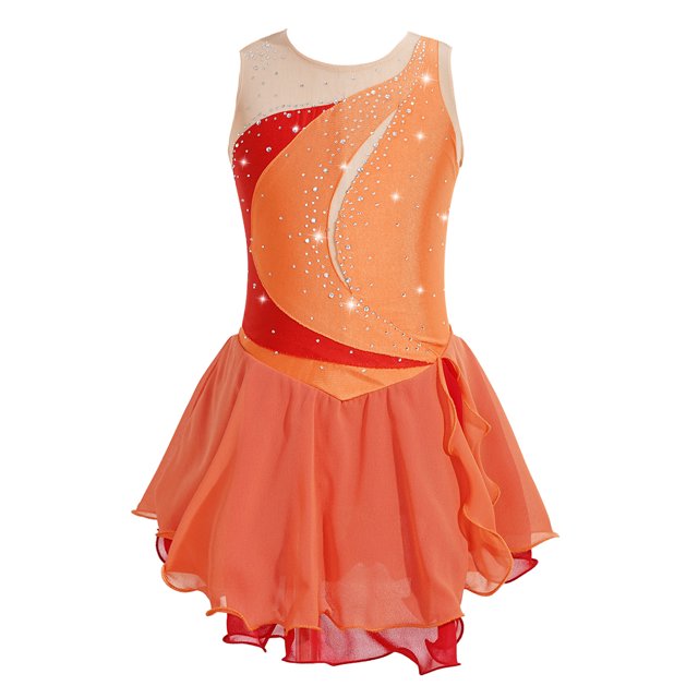 Miaeowve Robe de Patinage Artistique pour Filles Sans Manches avec Strass, Vêtements de Danse Ballet Performance Orange 16