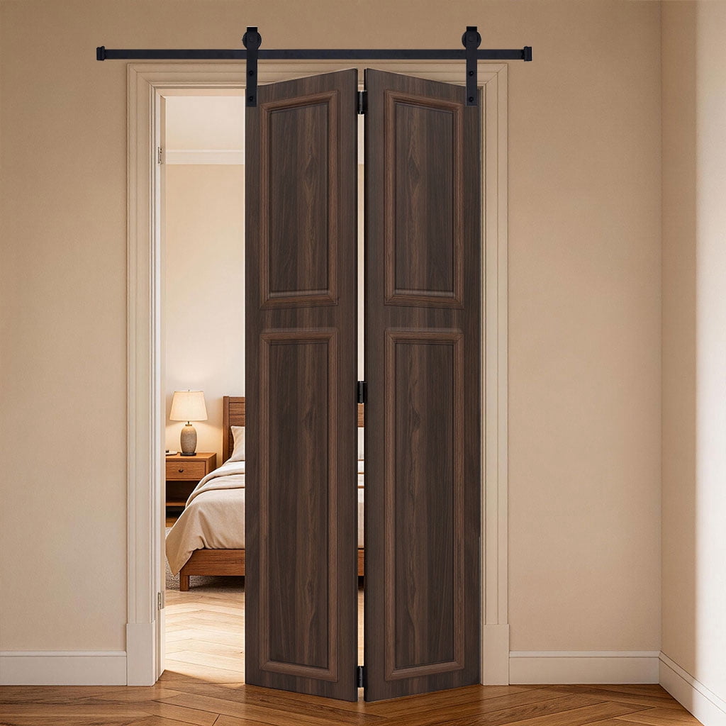 3/4 Inch Thickness 2-Panel Walnut Color Finished Mdf Bi-Fold Door With Barn Door Hardware, 18 Series 44in.x78 in.