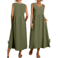 thumbnail image 2 of Robe Maxi Femme 2025 Sans Manches Robes d'Été Col en V Décontractées à Étages avec Poches Vert G, 2 of 7