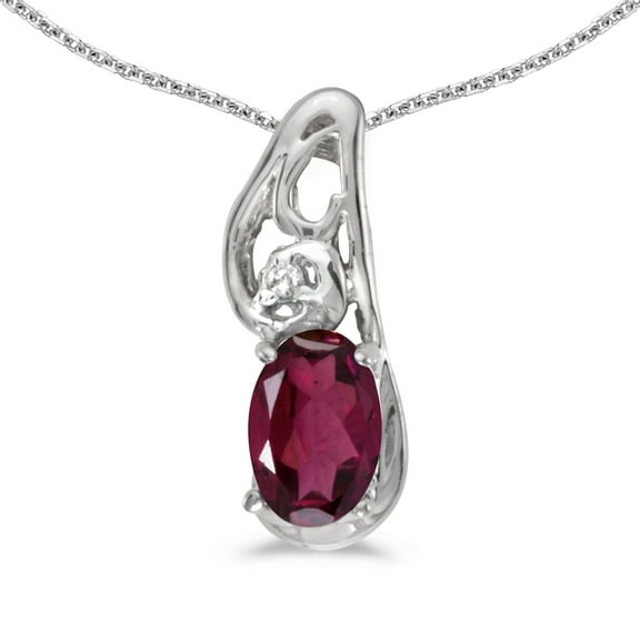 14k White Gold Oval Rhodolite Garnet And Diamond Pendant with 18" Chain