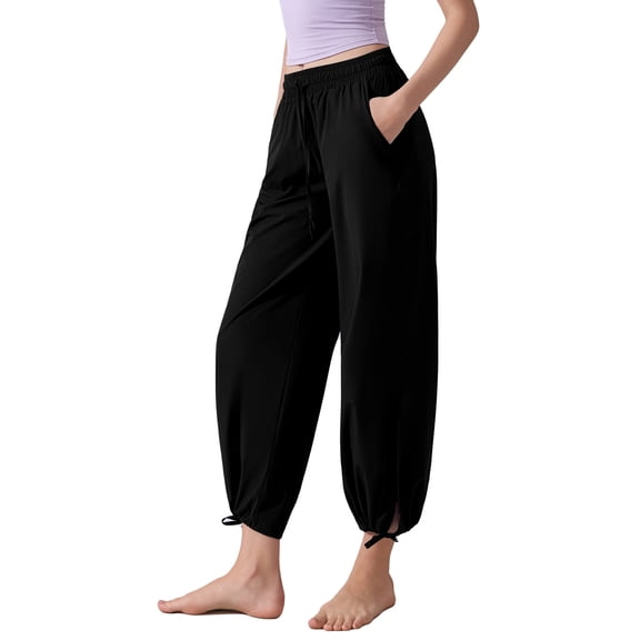 jinghuiyue Womens Yoga Pants Casual High Waist Wide Leg Elastic Drawstring Capri Palazzo Lounge Trousers with Pockets L