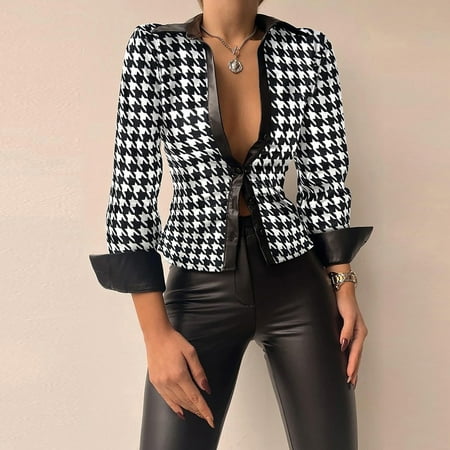 

SBYOJLPB Women s waist Women Classic Plaid Printing Blouse Slim Buttons Lapel Long Sleeve Tunic Tops Black 20-22(XXL)